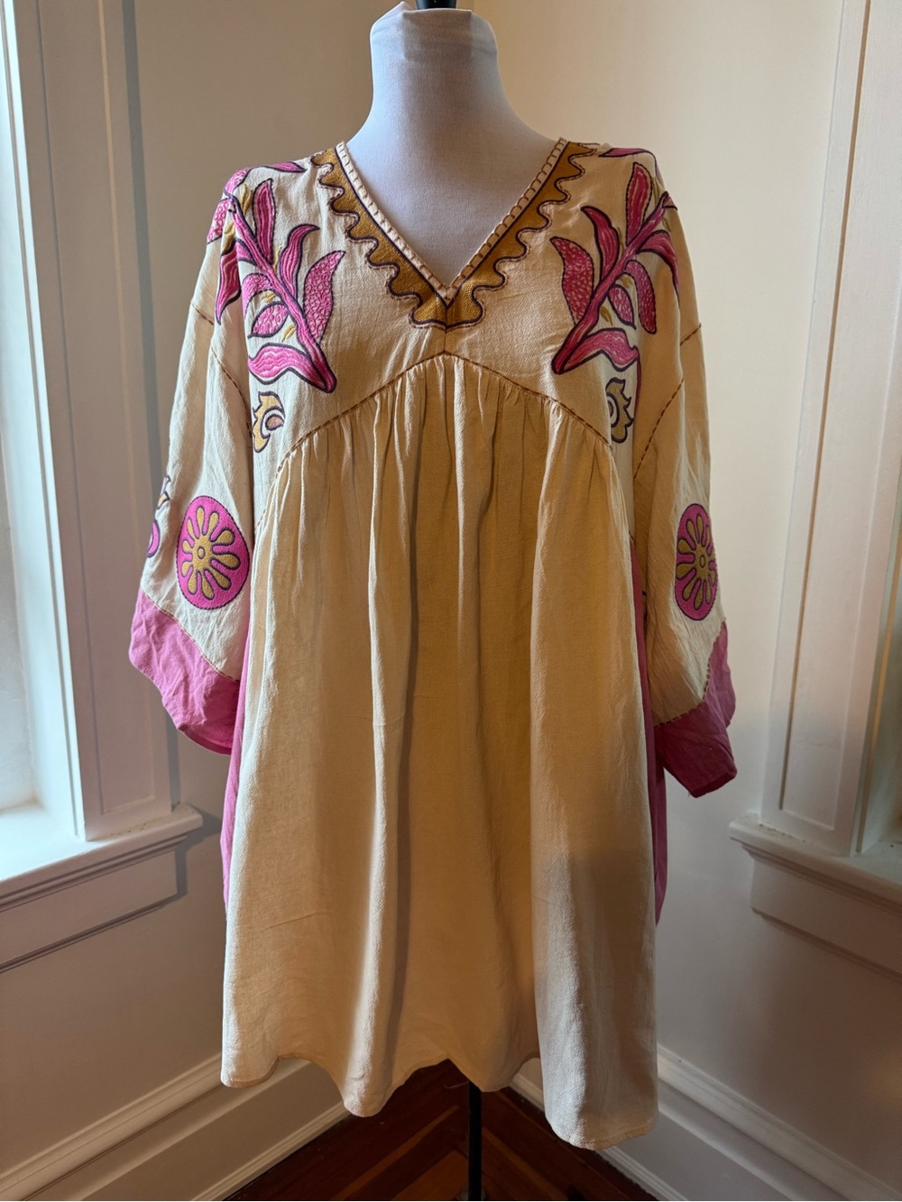 Boho Embroidered Tunic Blouse / Dress in Cream and Pink